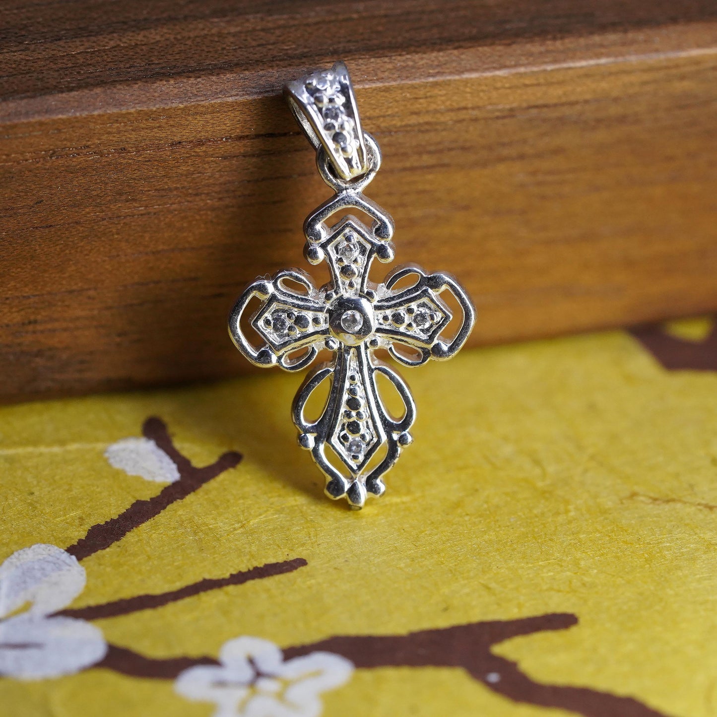 Sterling Silver Gothic Cross Pendant, Filigree CZ Charm, 925 Religious Pendant