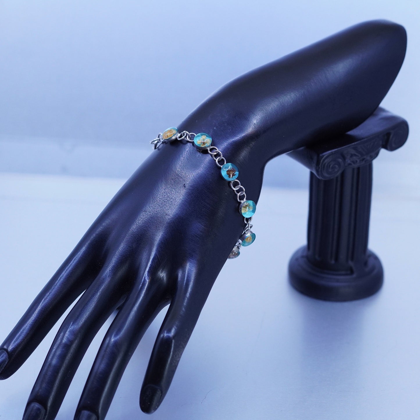 7.5”, Vintage Sterling 925 silver handmade resin flower bracelet