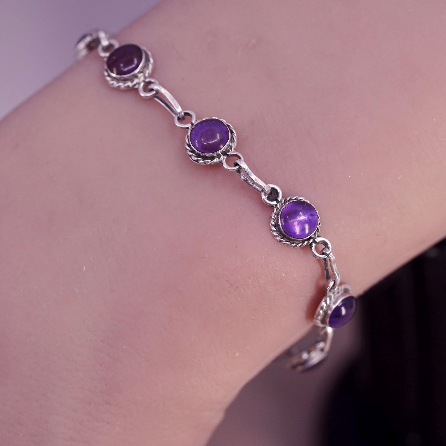 6.25", vintage Mexican sterling bracelet, 925 silver chain with amethyst beads