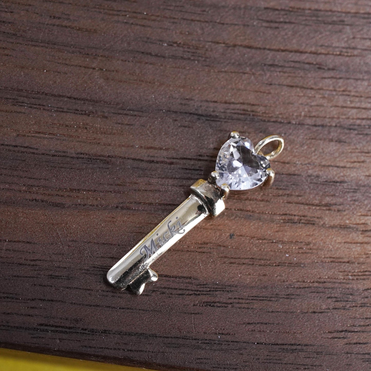 vermeil gold Sterling silver pendant, 925 heart shaped key cz engraved Micki