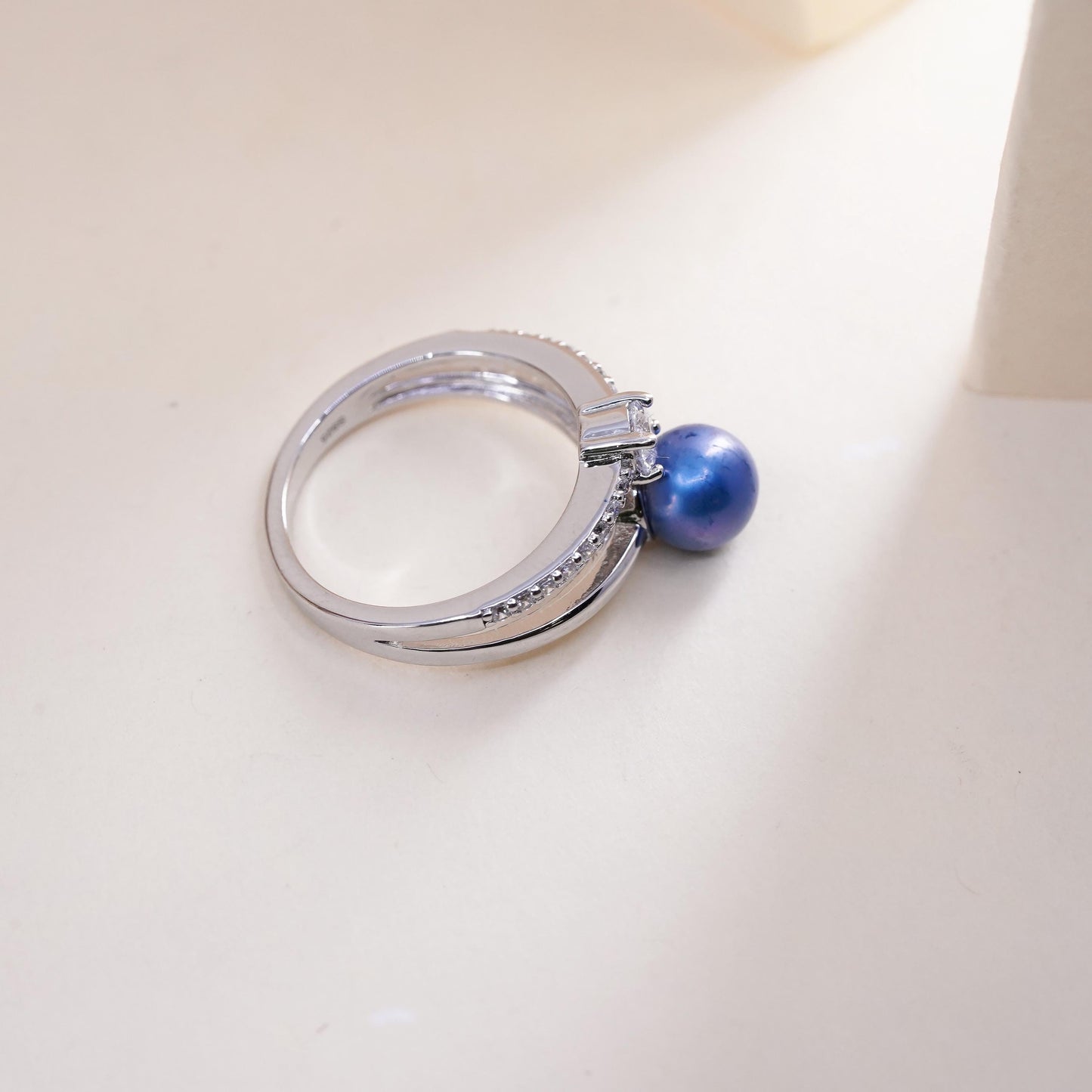 Size 6, vintage Sterling silver 925 handmade ring with blue pearl and cz