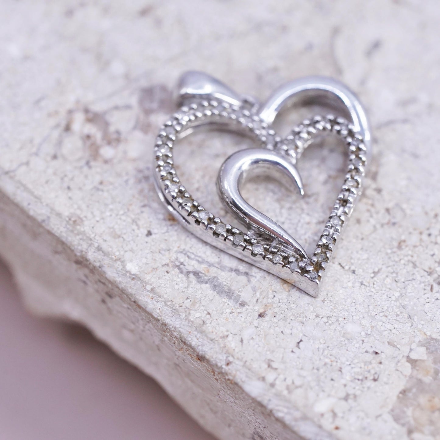 Vintage SUN Sterling 925 silver double heart pendant with cluster diamond