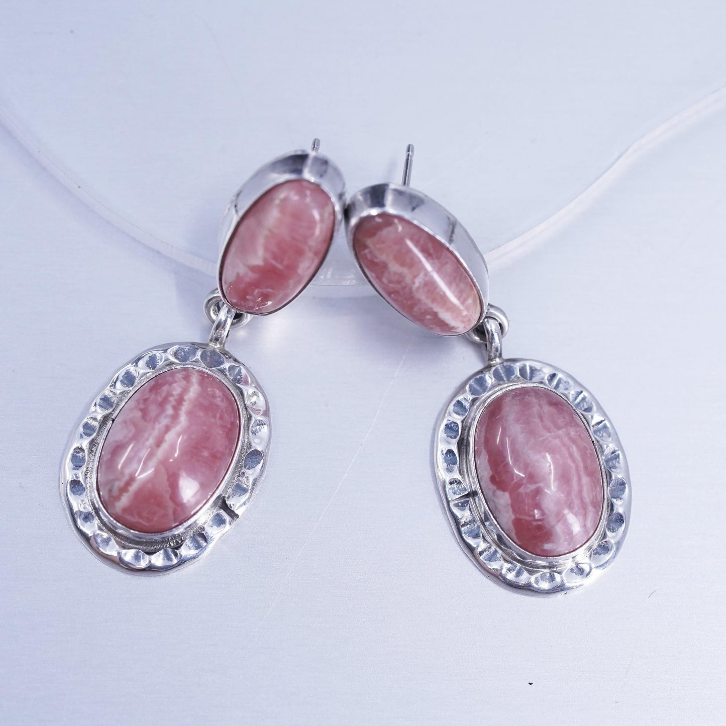 Vintage Sterling 925 silver handmade earrings with oval pink Rhodochrosite