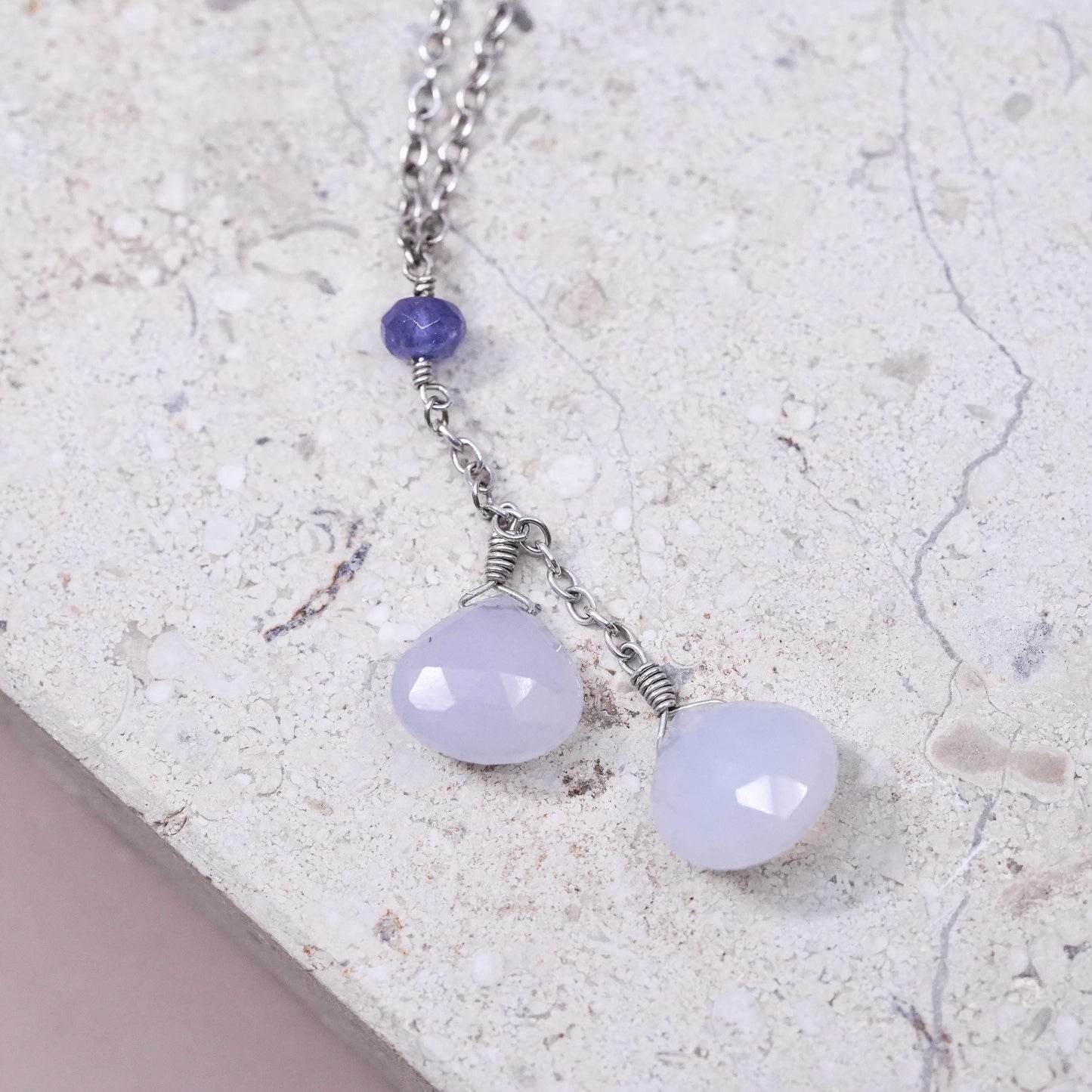 16+2”, Sterling silver necklace, 925 circle chain teardrop chalcedony pendant
