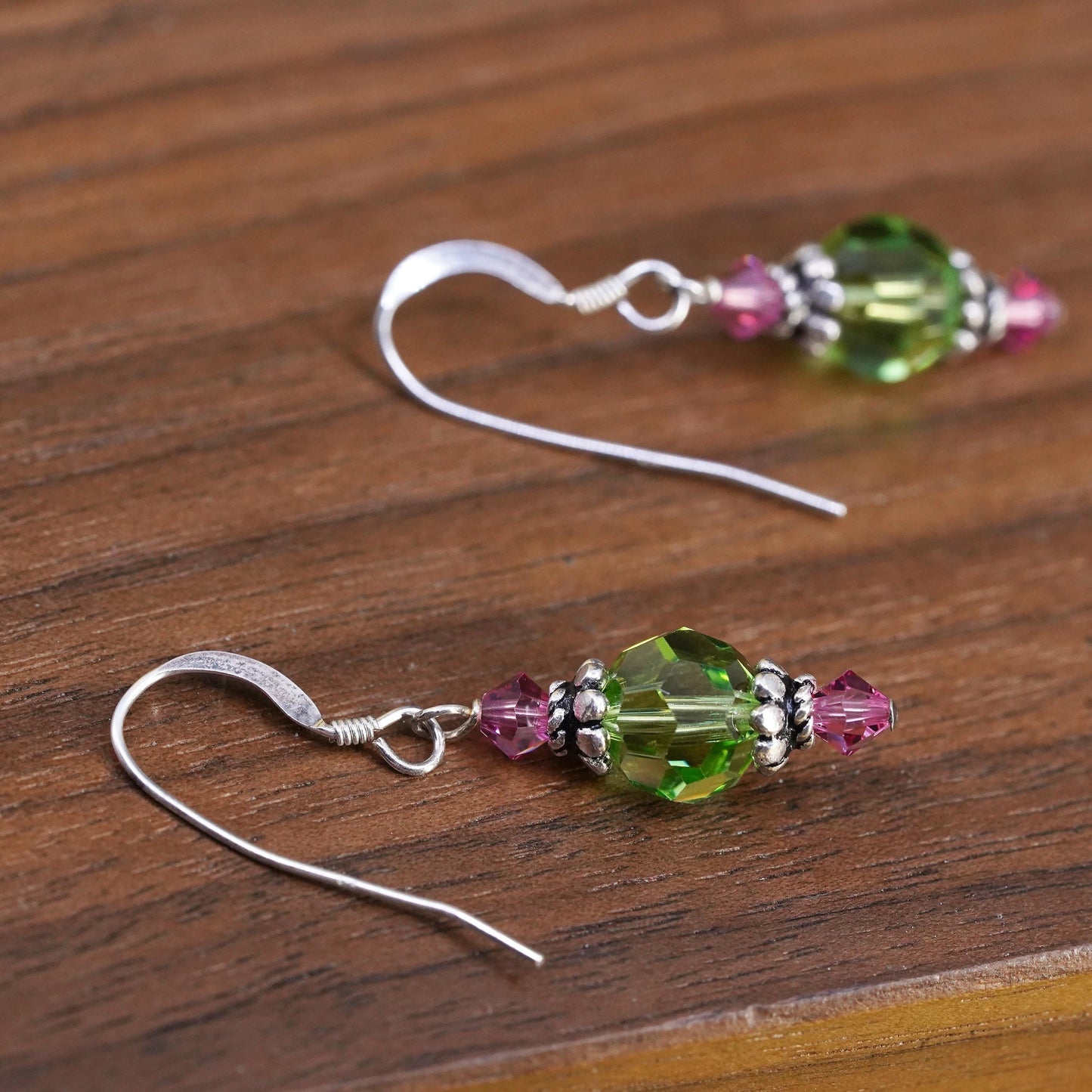 Vintage Sterling silver handmade earrings, 925 hooks with green crystal beads
