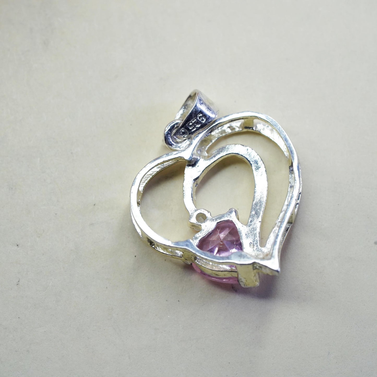 Vintage sterling silver pendant, heart 925 silver charm with pink crystal
