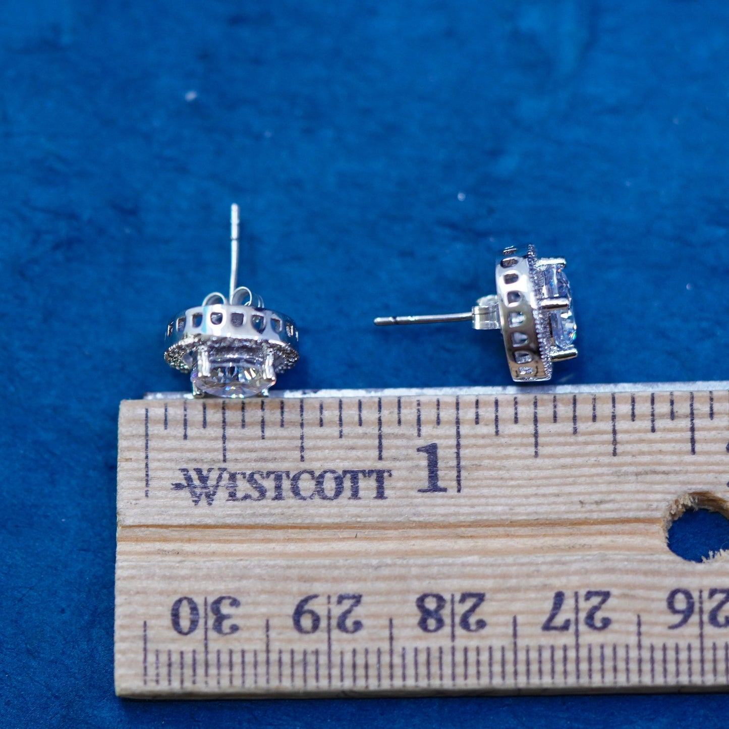 Vintage sterling silver handmade earrings, 925 round studs with CZ inlay