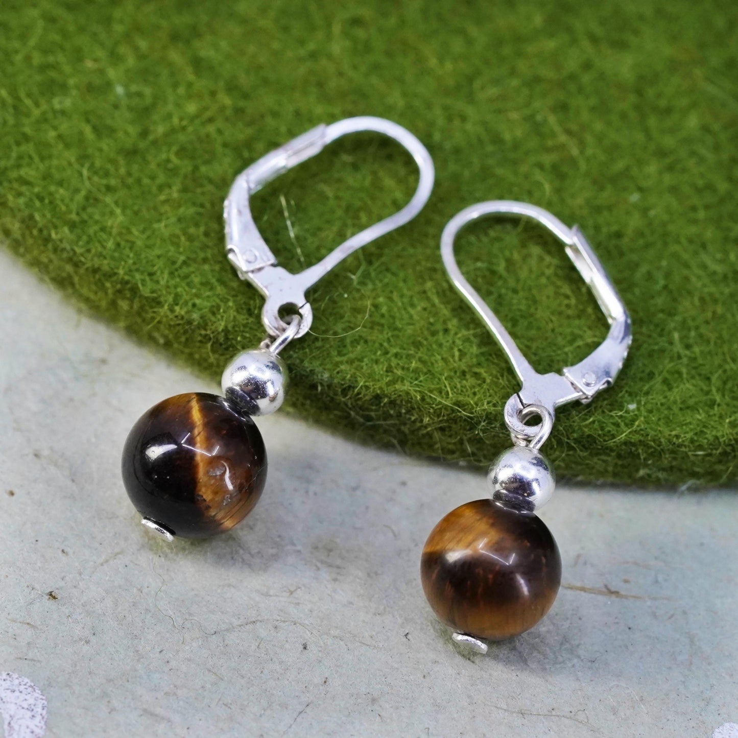Vintage Sterling 925 silver handmade earrings with tiger eye beads