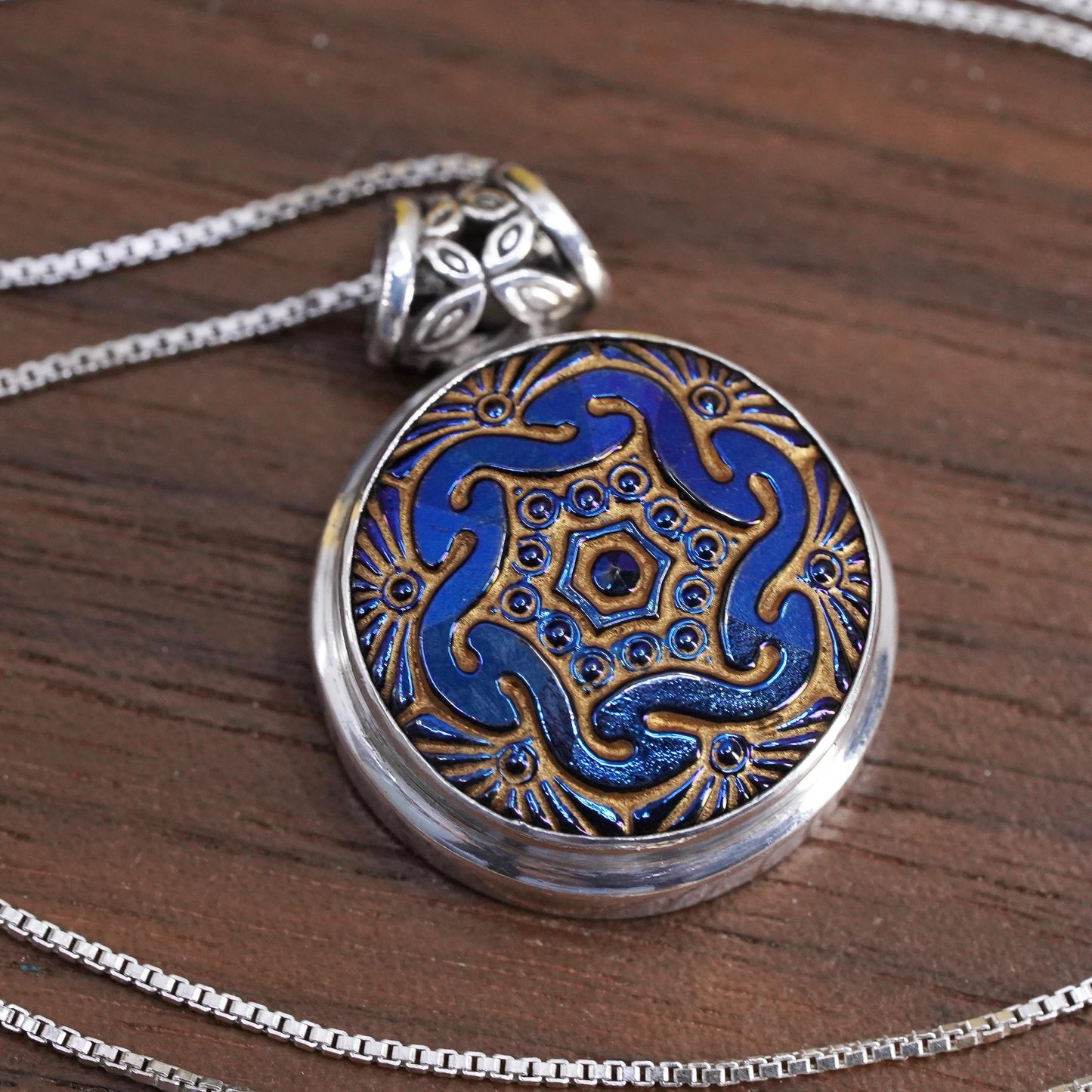 18" Sterling 925 Silver Blue Enamel Mandala Pendant Necklace, Gold Washed, Boho