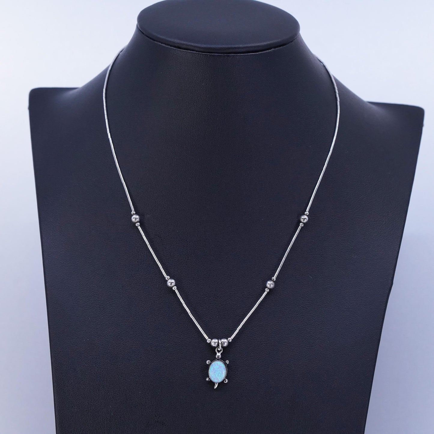 16”, Native American Sterling 925 liquid silver necklace opal turtle pendant
