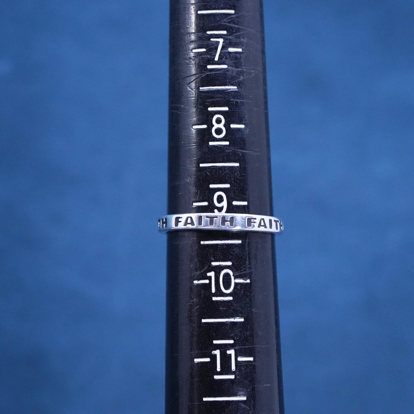 Size 9, vintage Sterling silver handmade ring, 925 stackable band with “Faith"
