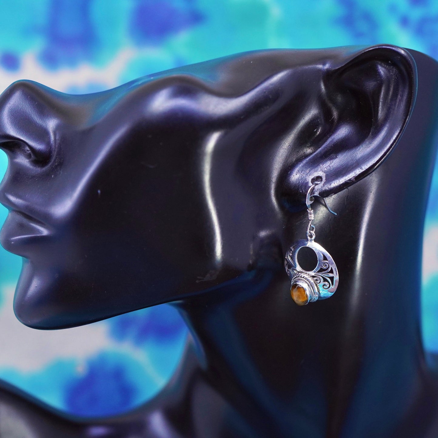 Sterling silver handmade earrings, 925 filigree circle golden tiger eye beads