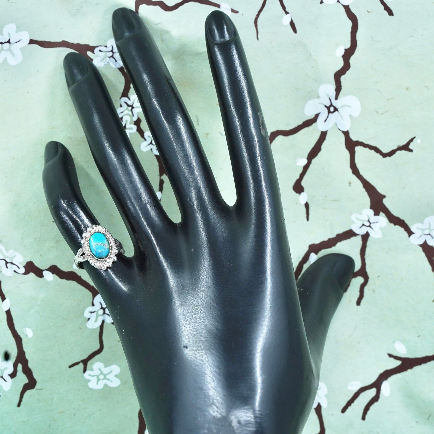 Size 4.75, Native American sterling silver ring, handmade 925 band w/ turquoise
