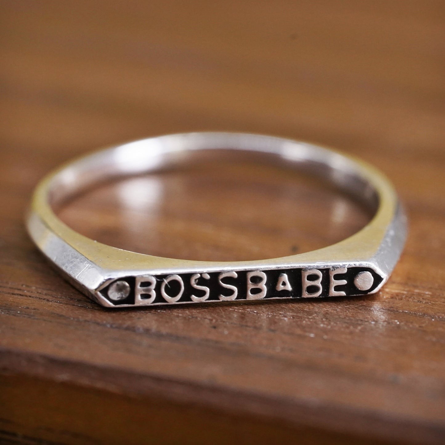 Size 7, vintage Sterling silver inspirational ring, 925 quote “boss babe” band