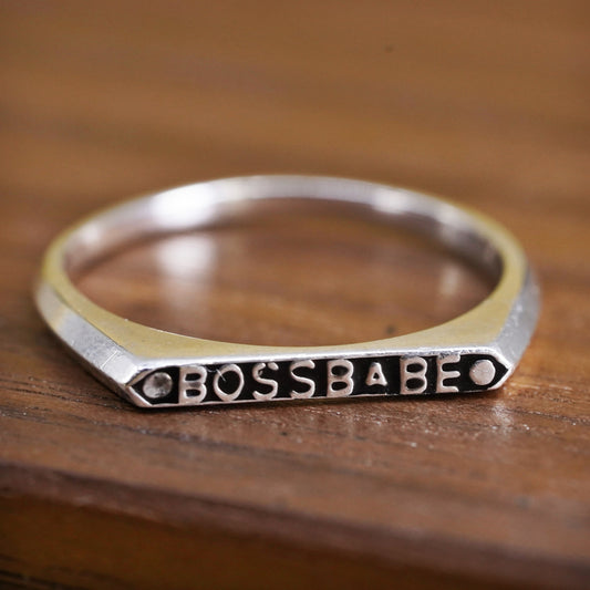 Size 7, vintage Sterling silver inspirational ring, 925 quote “boss babe” band