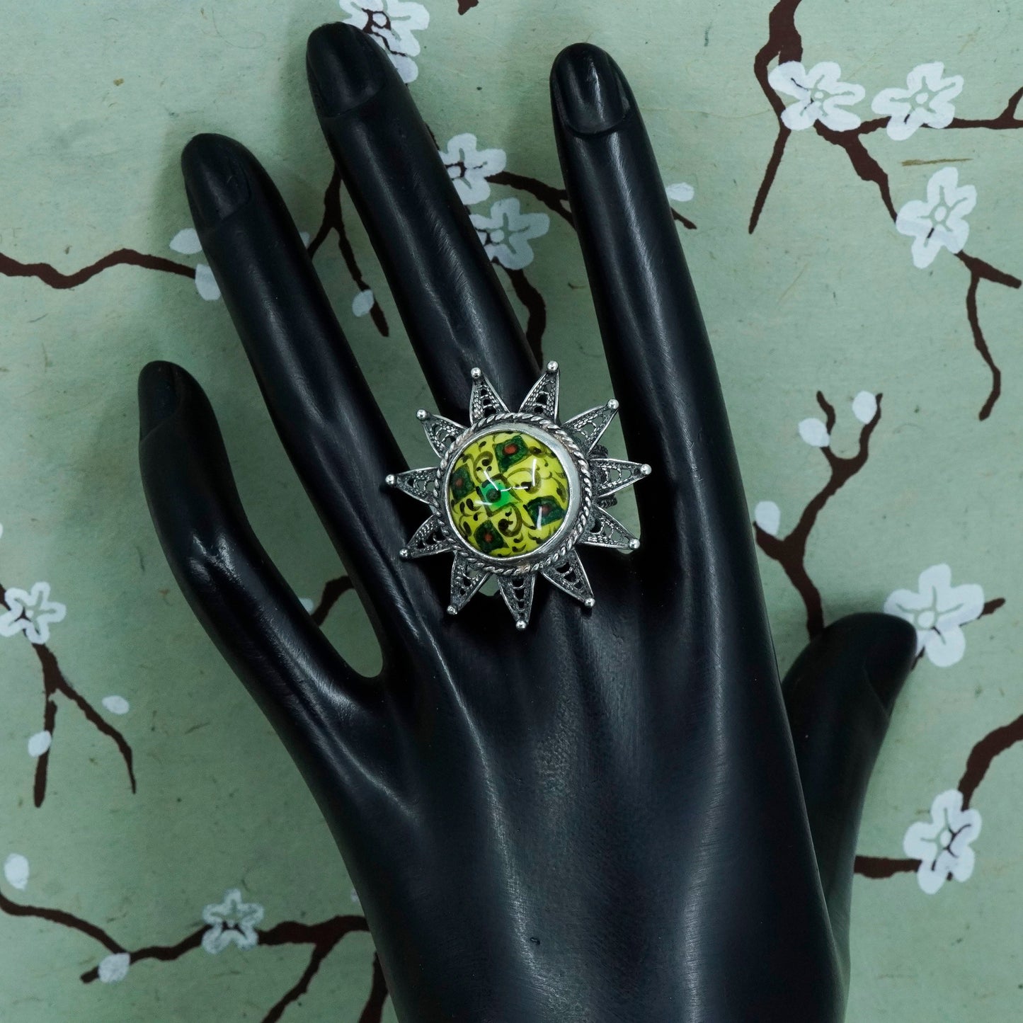 Size adjustable, Sterling silver ring, 925 filigree flower band artisan glass