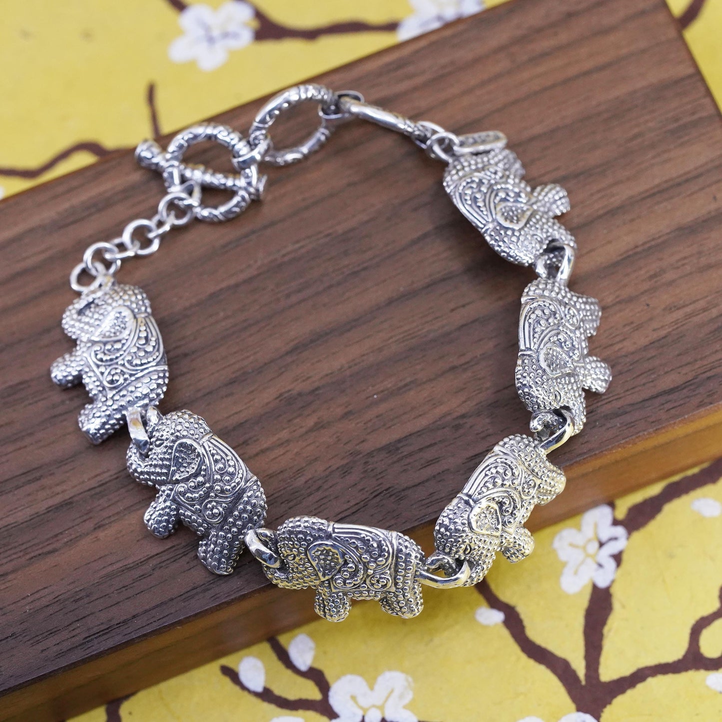 8”, vintage Sarda Sterling silver handmade bracelet, dotted 925 elephant chain