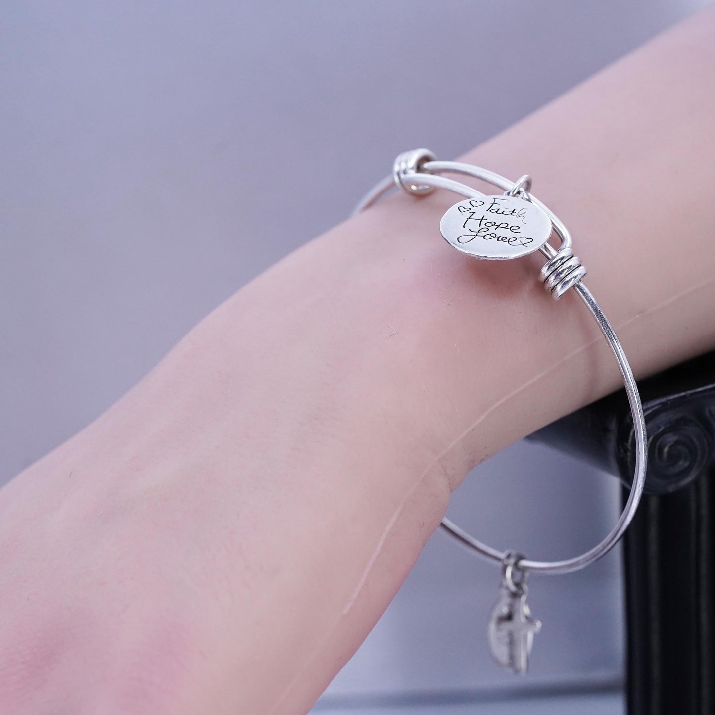 Size adjustable, Sterling 925 silver bracelet, bangle tag charm faith hope love