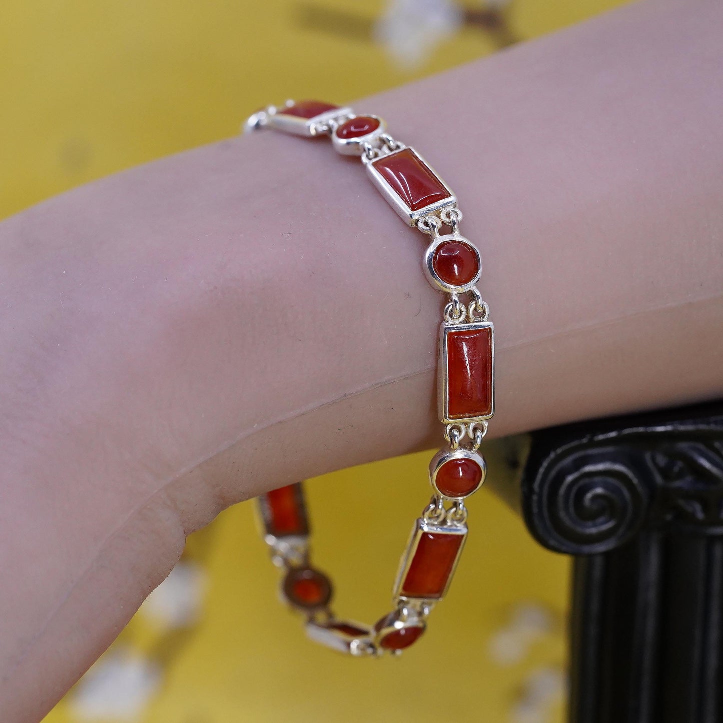7.25”, Vintage HK sterling silver handmade bracelet, 925 tennis chain carnelian