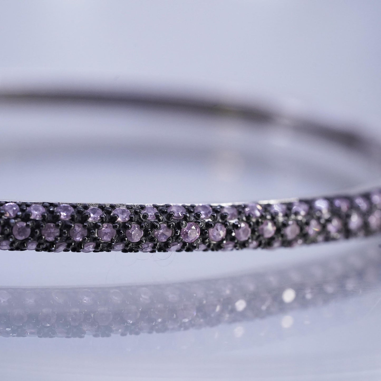 6.75", Vintage Sterling 925 silver bracelet, hinged bangle with cluster pink cz