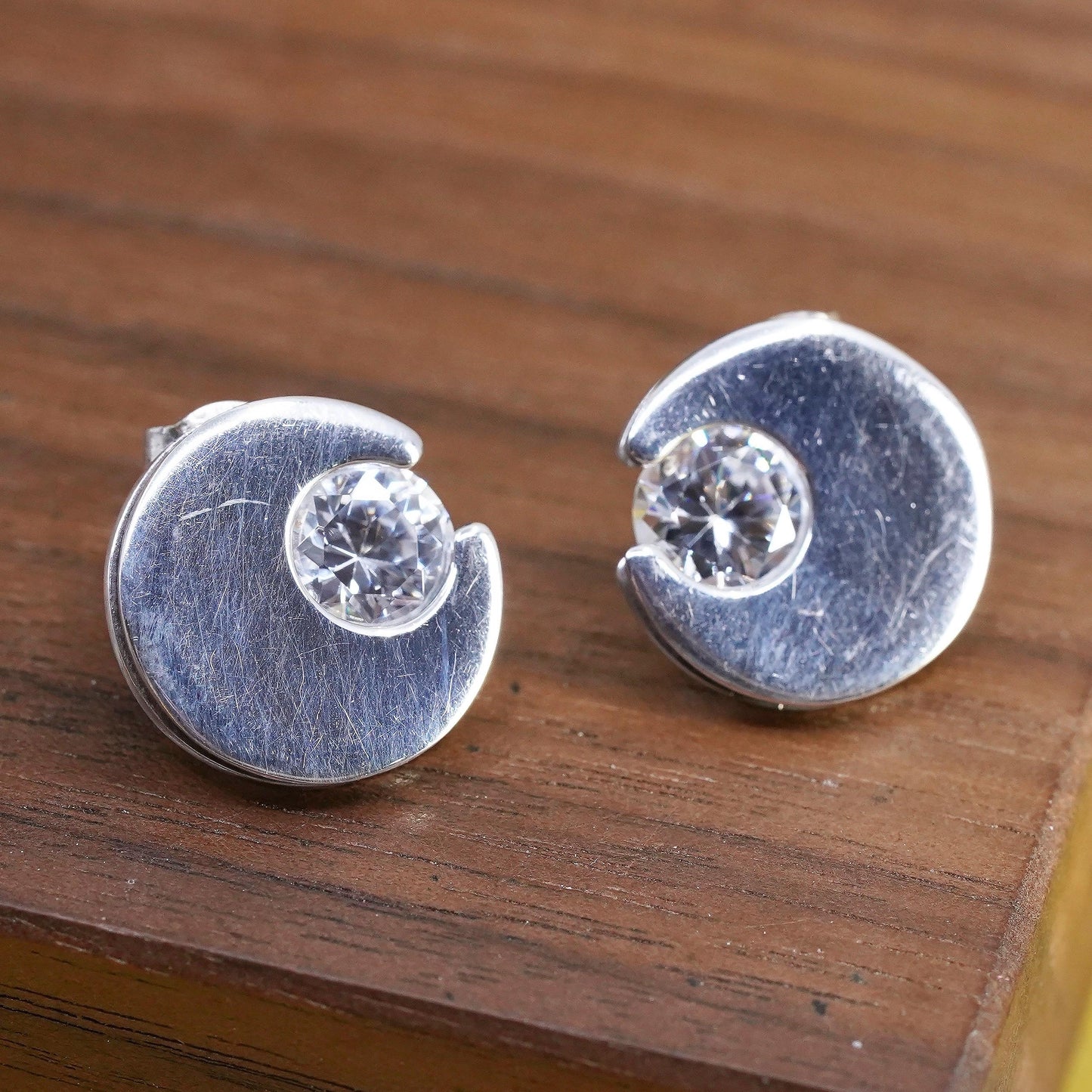 vintage Sterling silver handmade studs, circle moon earrings cz