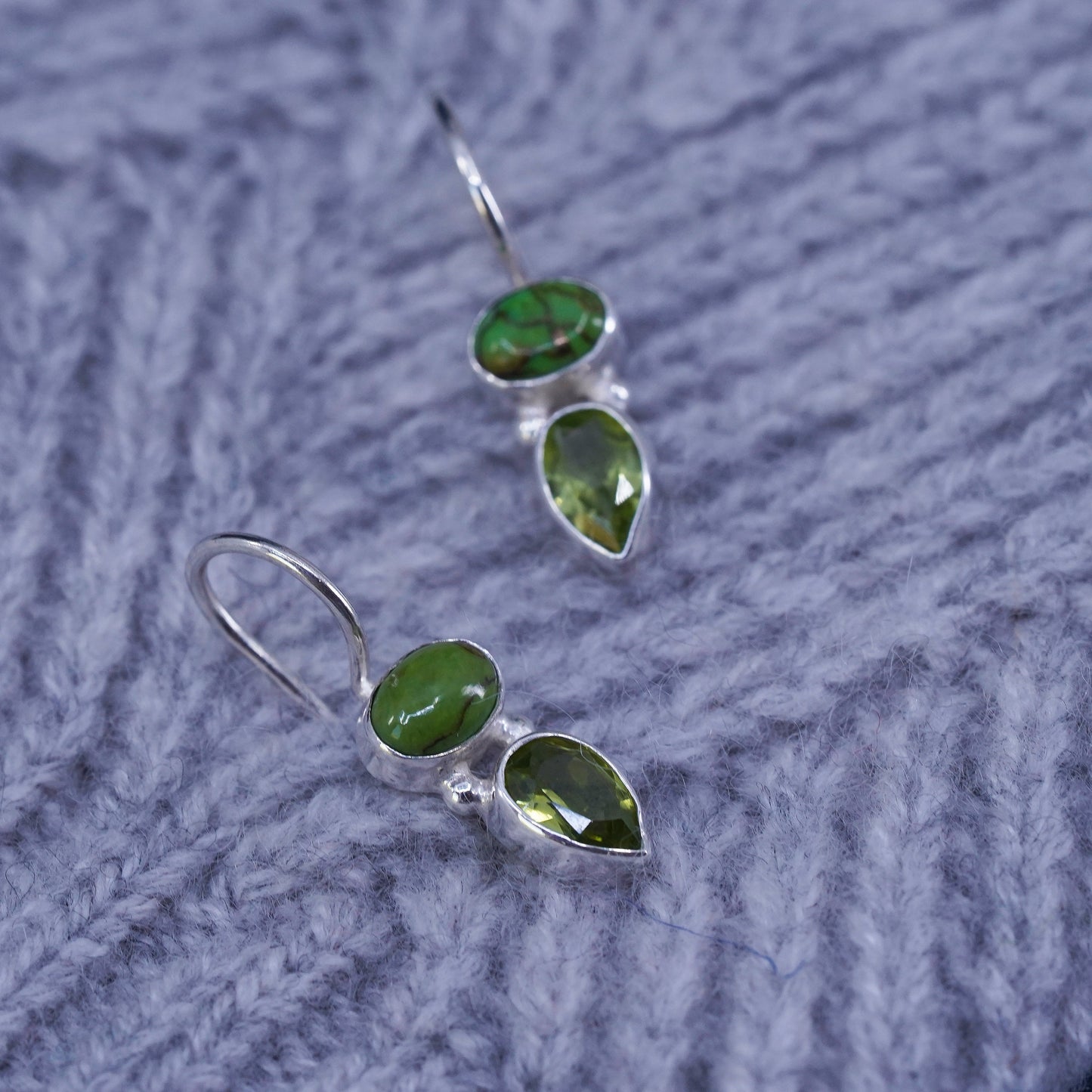 Vintage Sterling 925 silver handmade earrings with oval turquoise and peridot