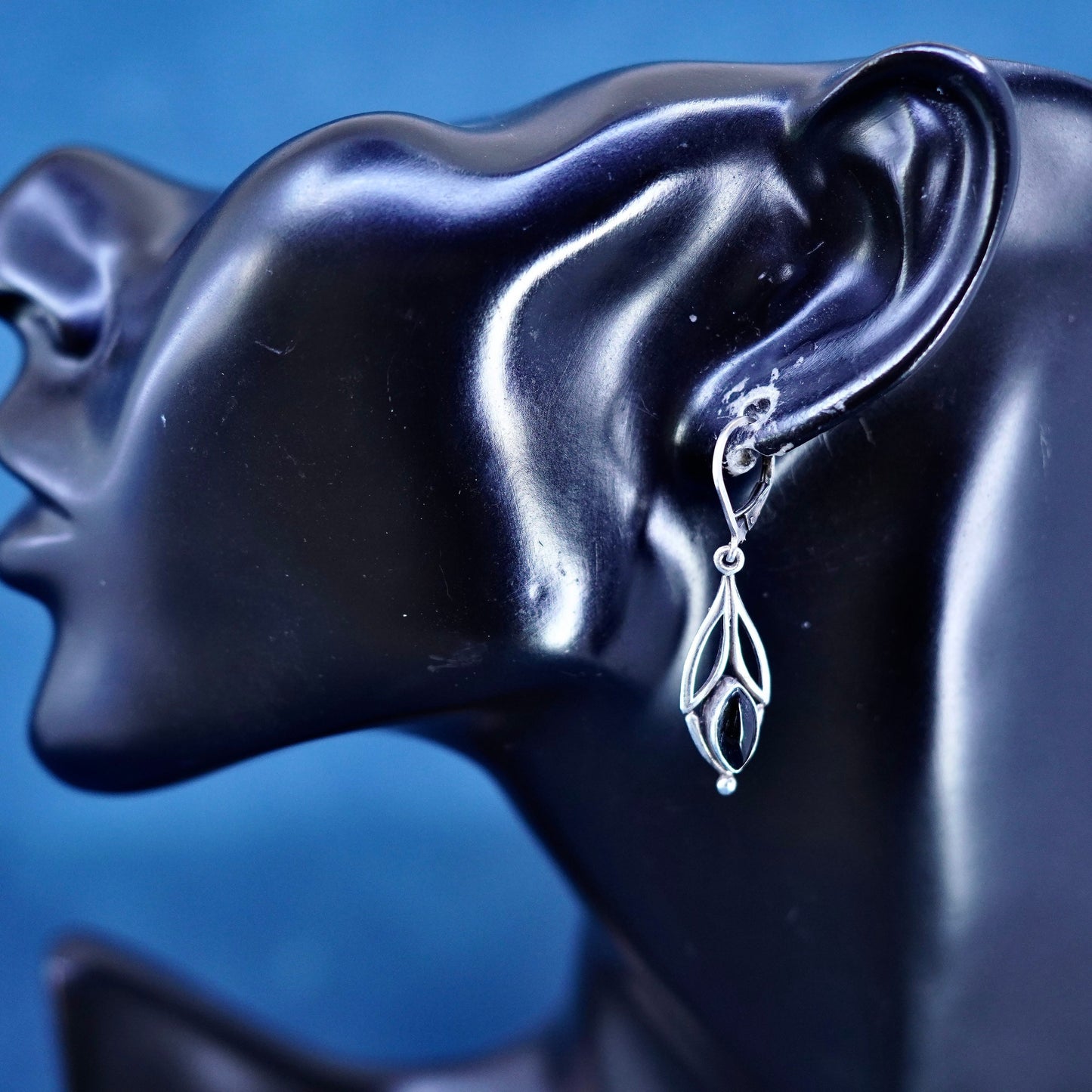 Vintage sterling 925 silver handmade earrings with marquise shaped obsidian