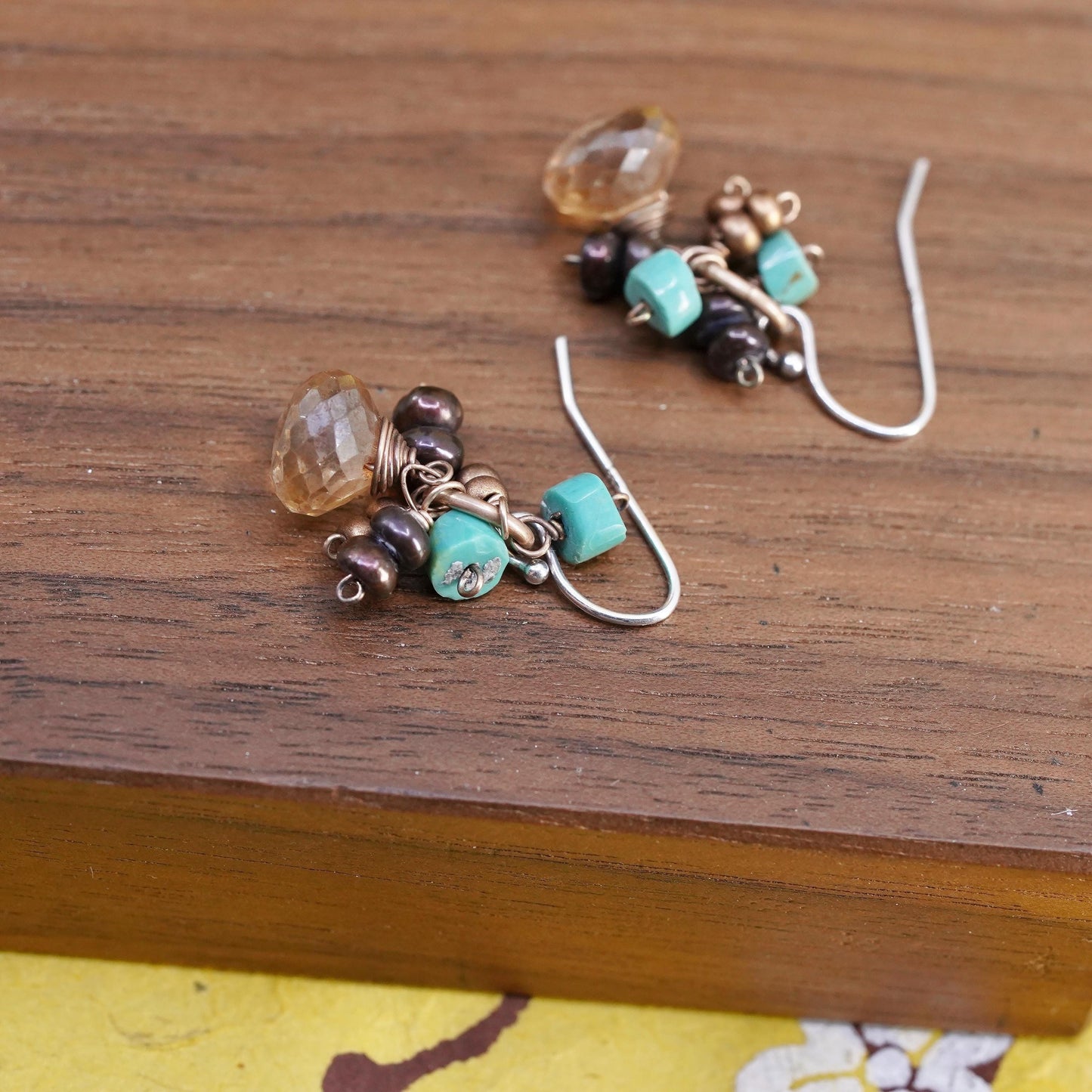 VTG sterling silver handmade earrings, 925 teardrop citrine turquoise beads