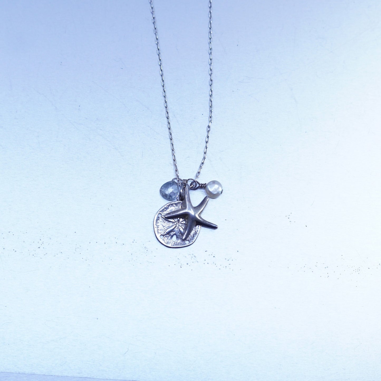 18”, Sterling 925 silver circle necklace sand dollar starfish charms pendant