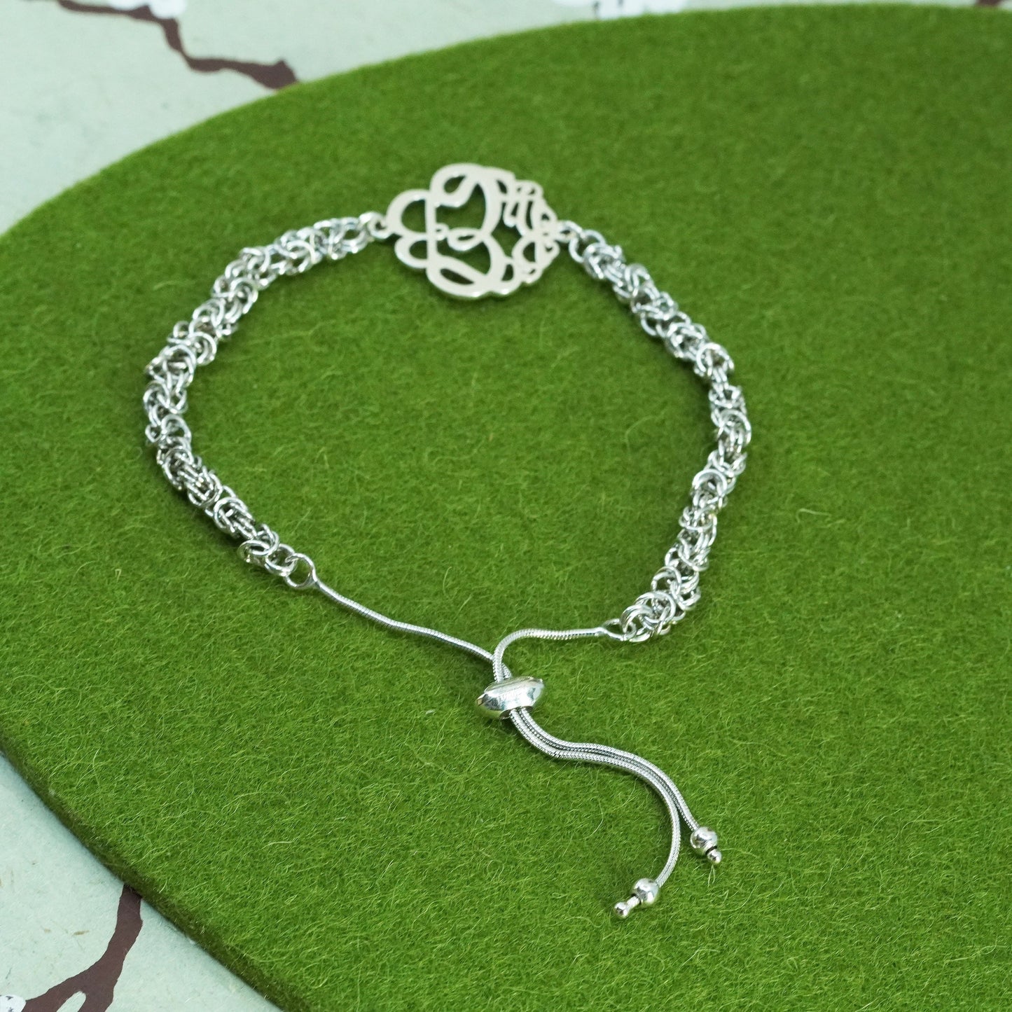 sterling silver birdcage Byzantine chain, 925 bracelet monogram “REB” tag charm