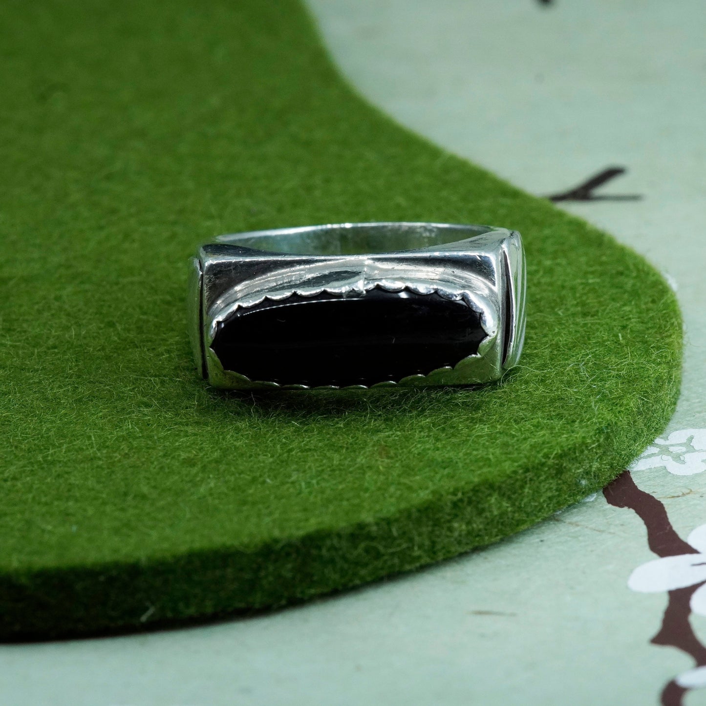 Size 13, Native American sterling silver ring, 925 band with onyx, Southwestern