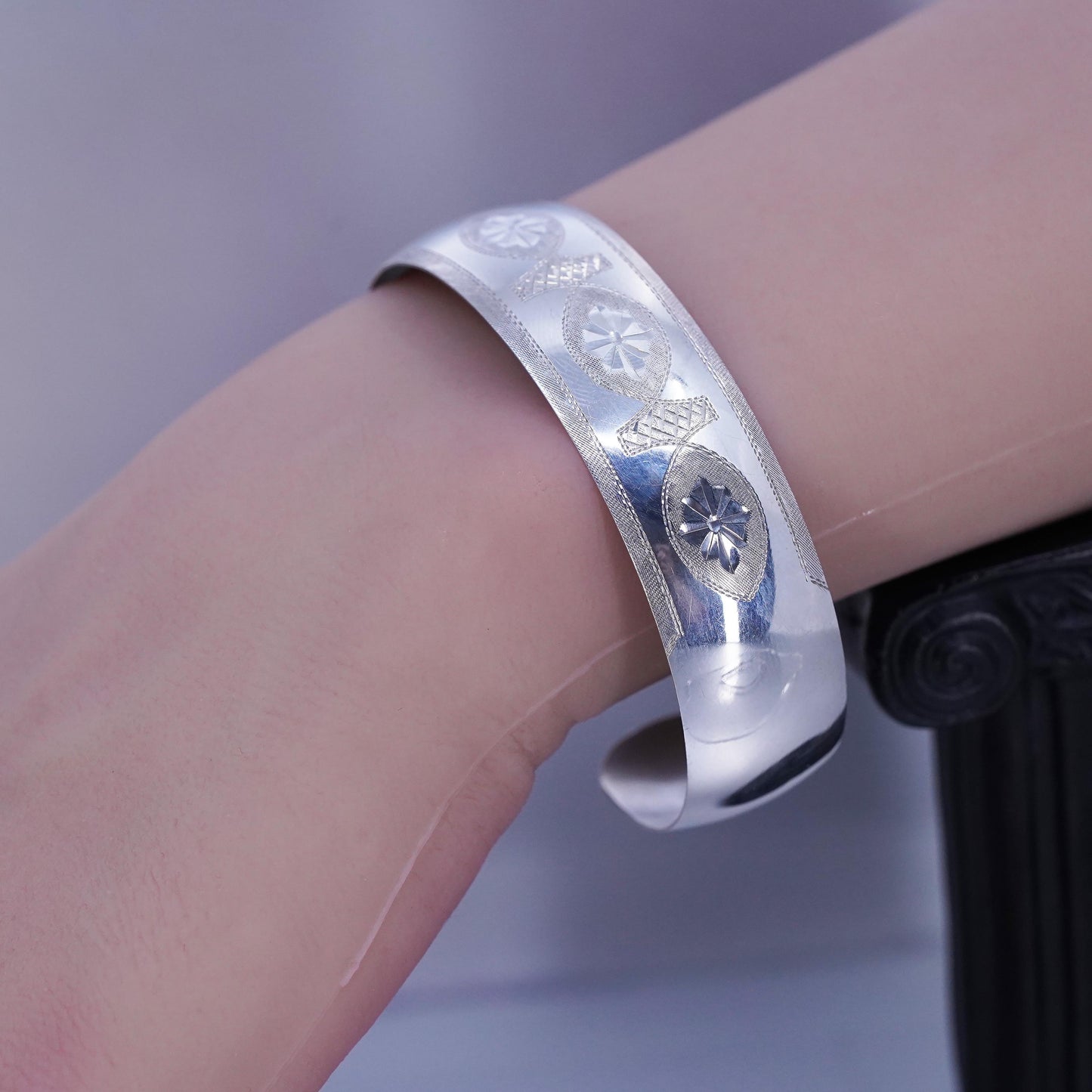 6.5”, Indian Siam sterling silver bracelet, 925 disc engraved goddess cuff