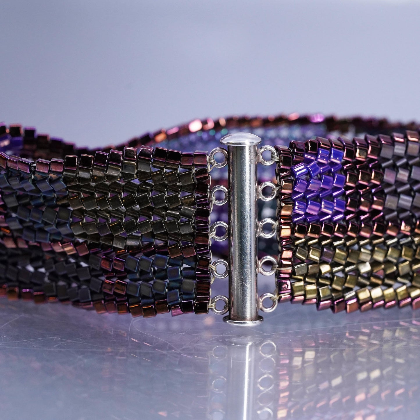 7", VTG Sterling 925 silver multi strands bracelet metallic multi color beads