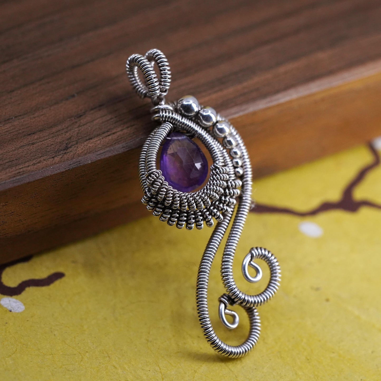 Vintage Sterling silver handmade pendant, 925 wired teardrop with amethyst