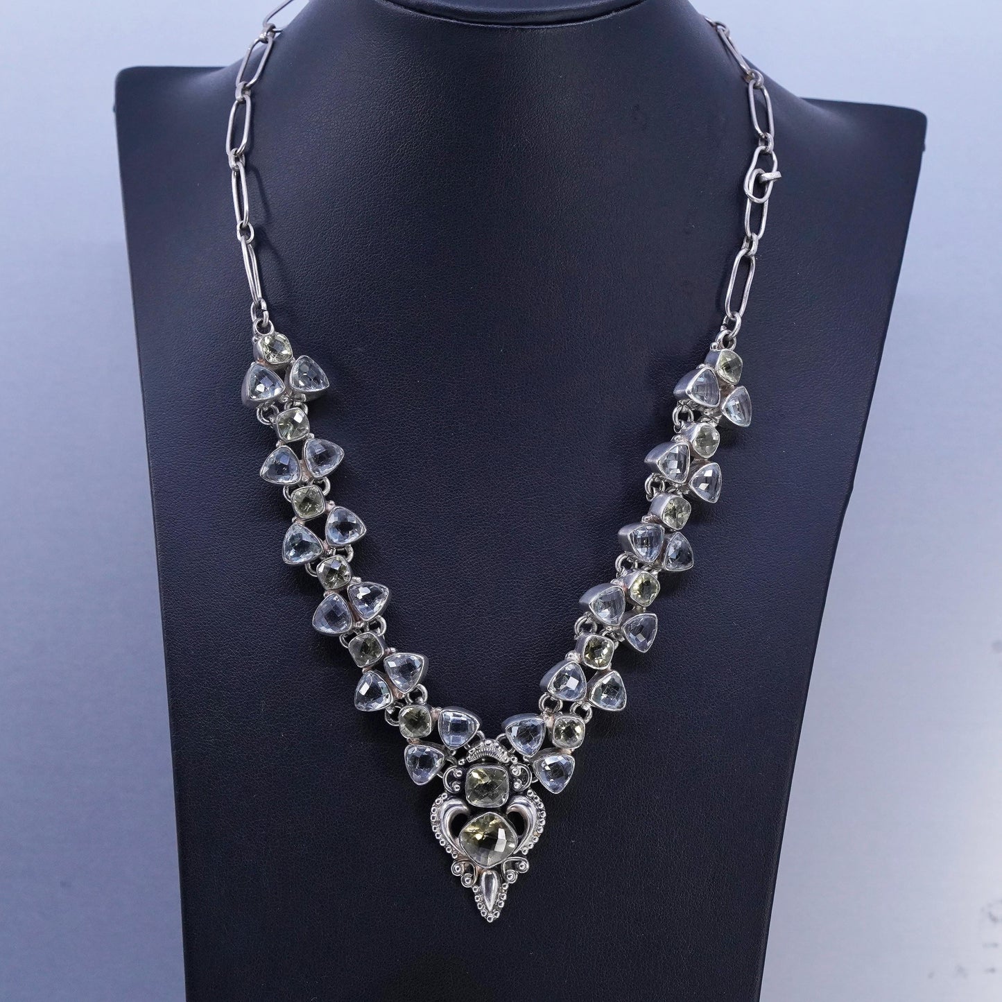 18”, Sterling 925 silver elongated chain necklace Prasiolite amethyst beads