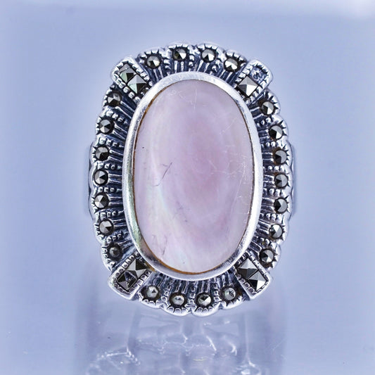 Size 7, vintage Sterling 925 silver handmade ring w/ mother of pearl marcasite