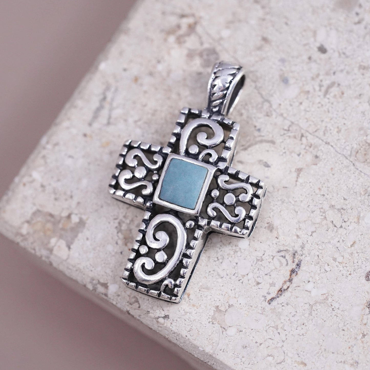 Vintage Sterling silver handmade pendant, 925 filigree cross with turquoise
