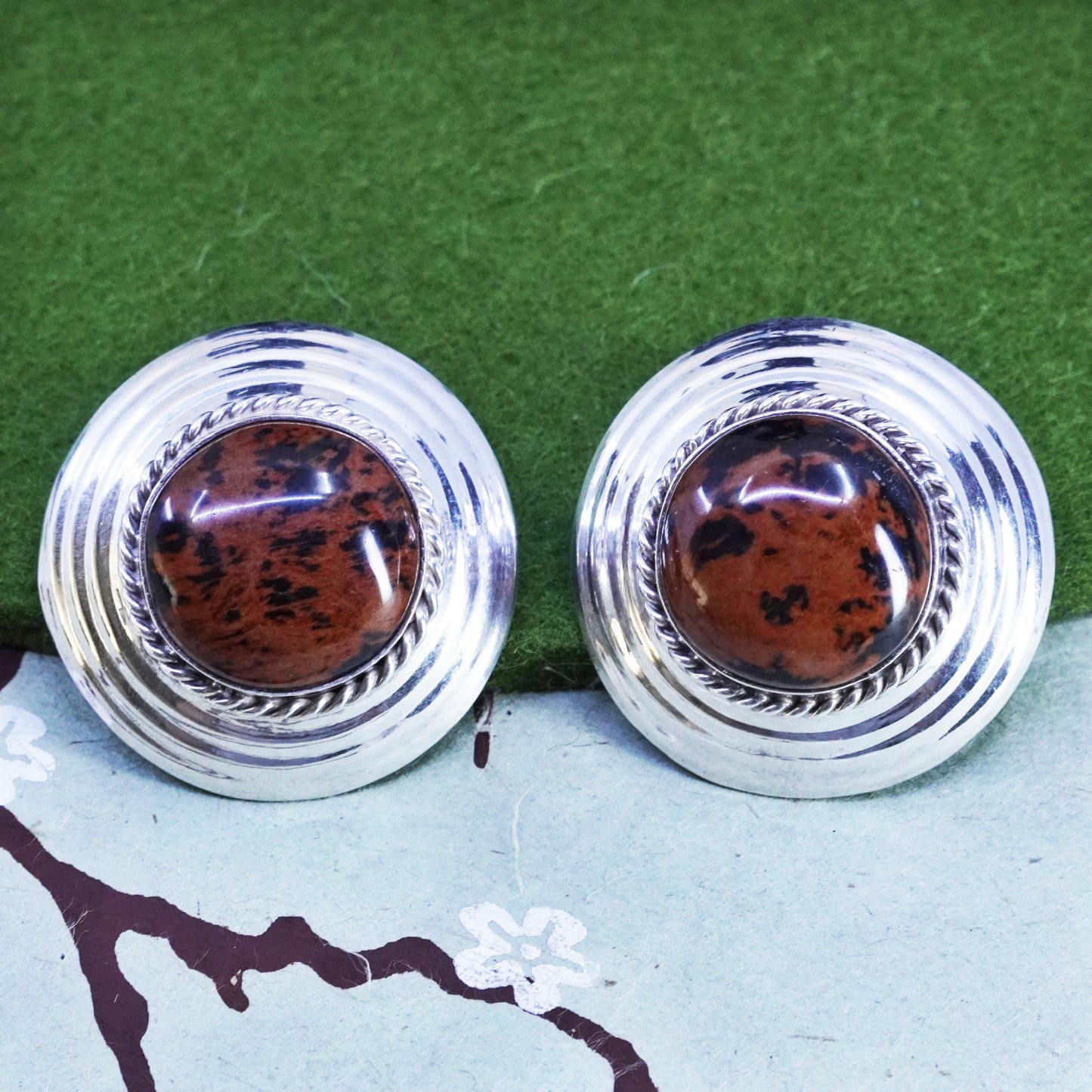 Vintage Sterling silver handmade earrings, 925 round clip on with bronze jasper