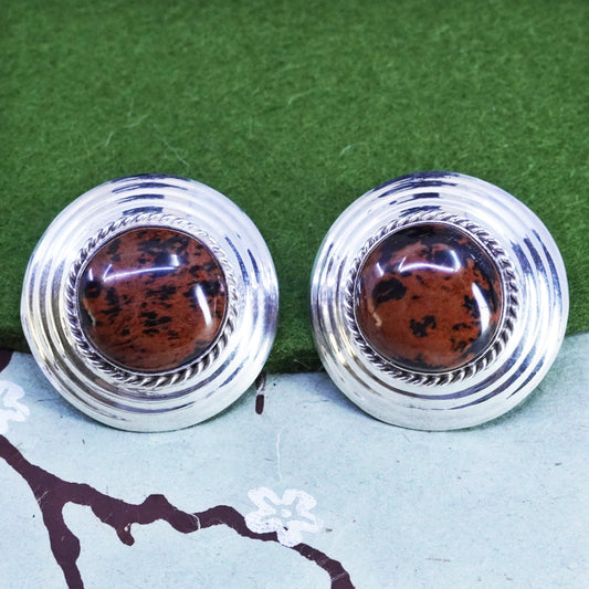 Vintage Sterling silver handmade earrings, 925 round clip on with bronze jasper