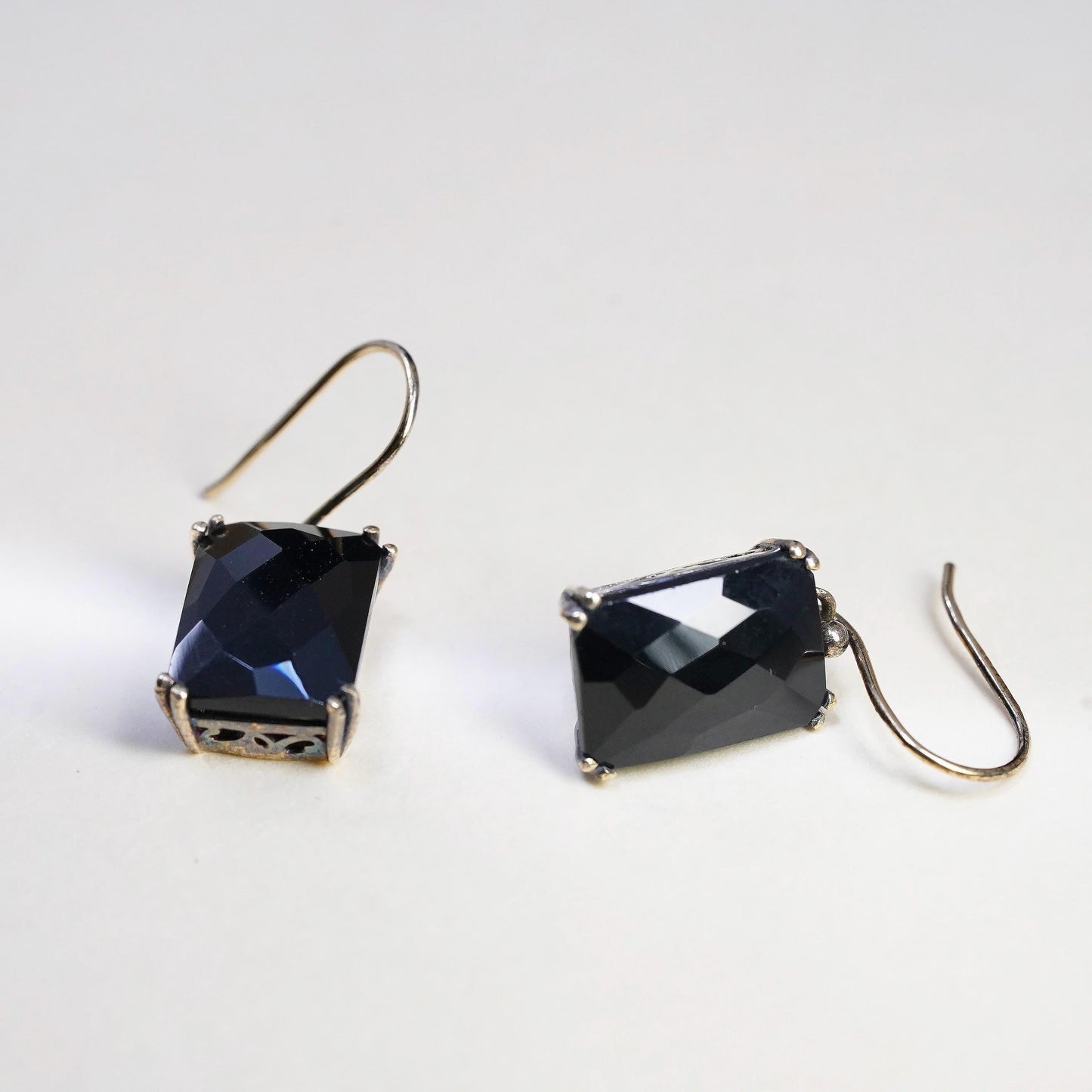Vintage vermeil gold plated sterling 925 silver earrings checkerboard cut onyx