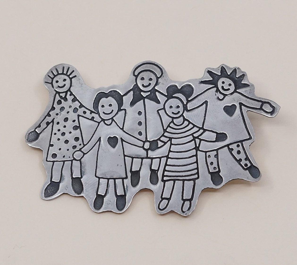Antique sterling silver handmade brooch, solid 925 silver save the children with hearts, stamped "Mexico 925 EFS”