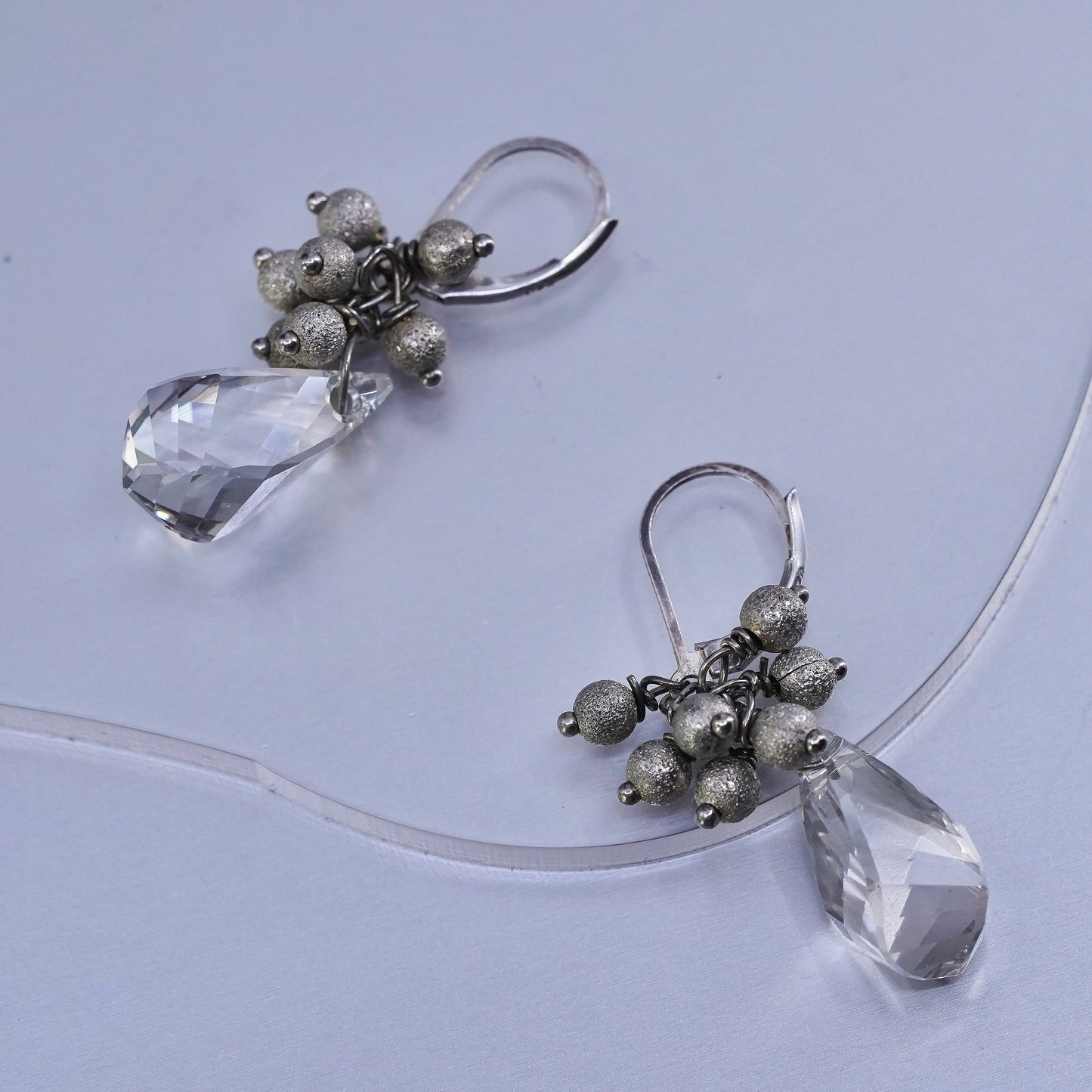 Vintage designer Sterling 925 silver handmade oval earrings w/ teardrop crystal