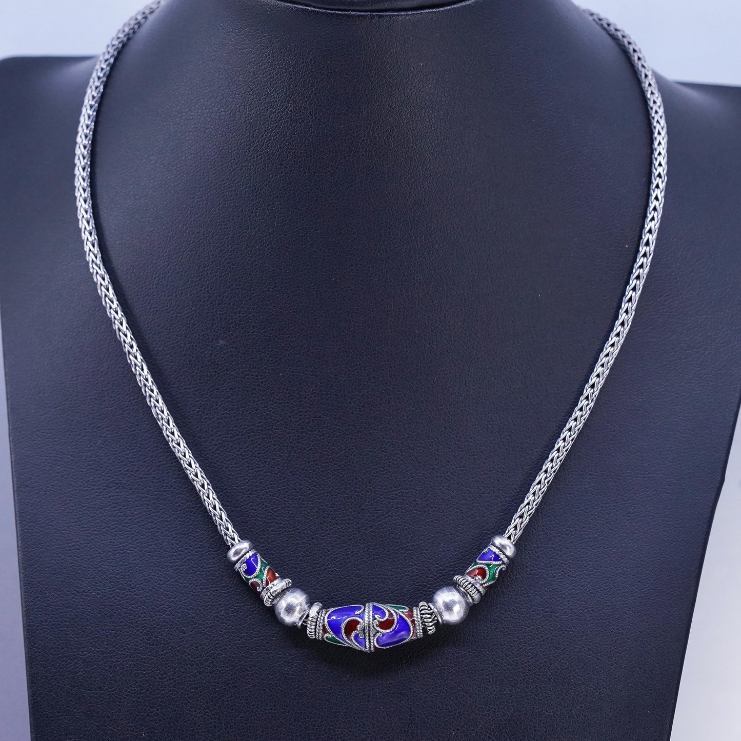 18", Sterling 925 silver bold wheat chain necklace enamel slide bead pendant