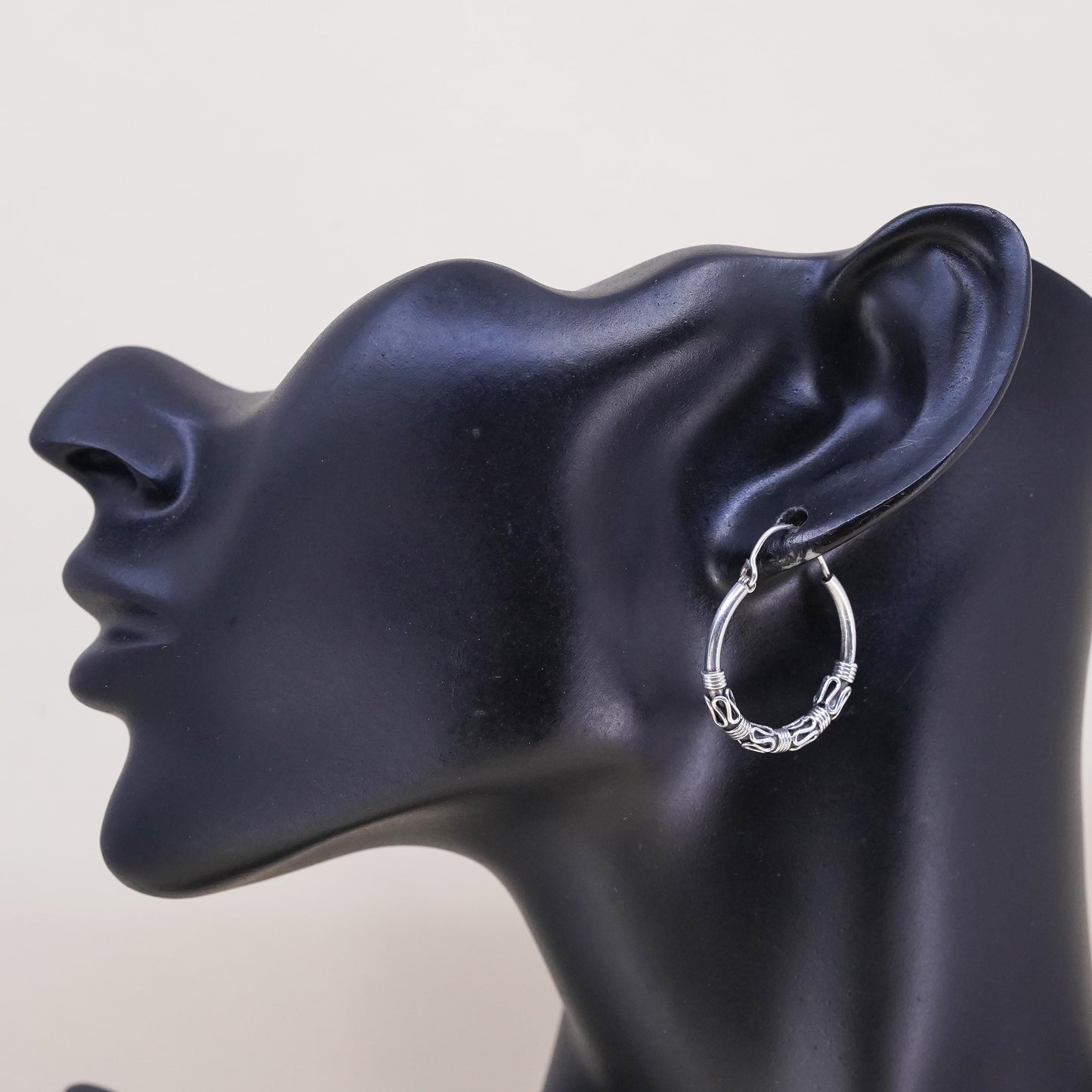 1", Vintage sterling silver loop single earring, textured wired hoop