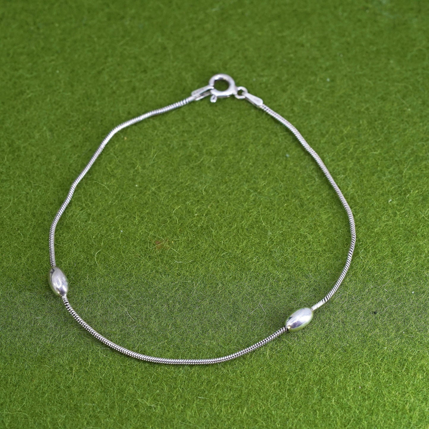 7.75”, 1mm, Vintage sterling silver bracelet, 925 snake chain anklet with beads