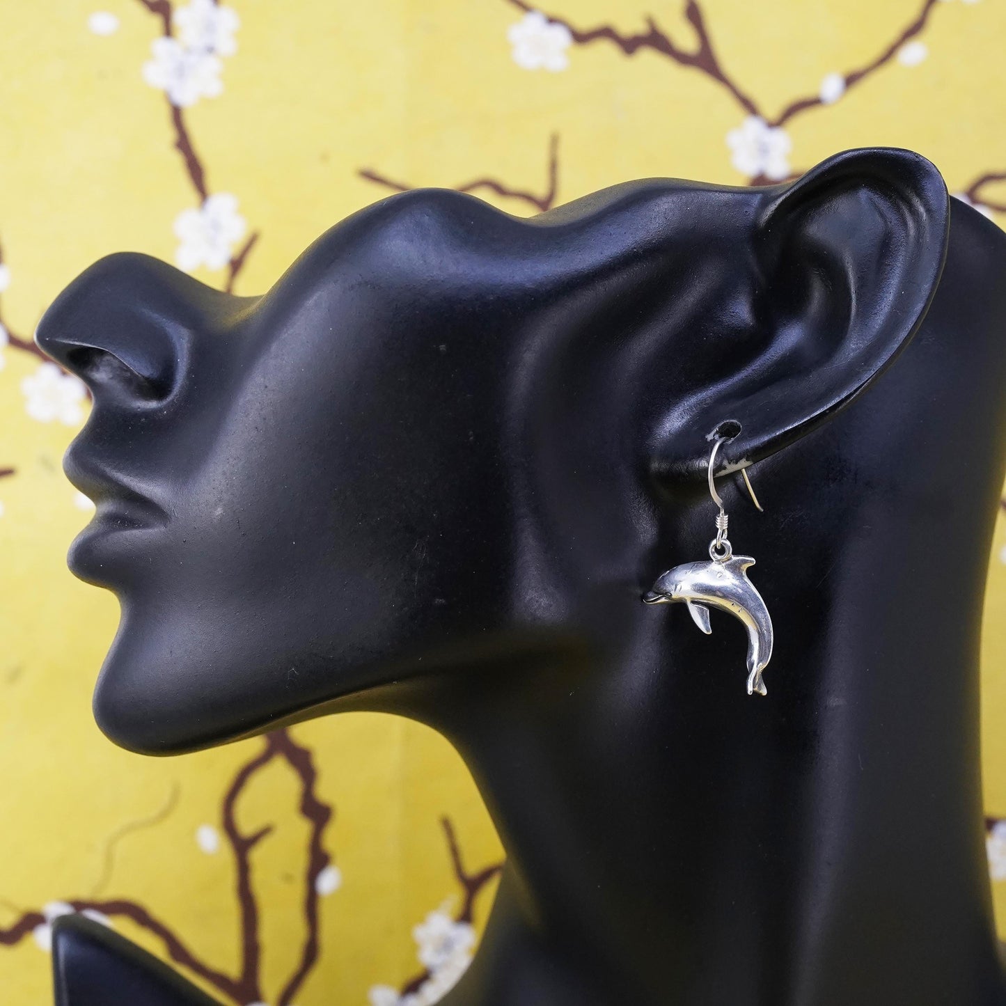 Vintage Sterling silver handmade earrings, 925 dolphin dangles