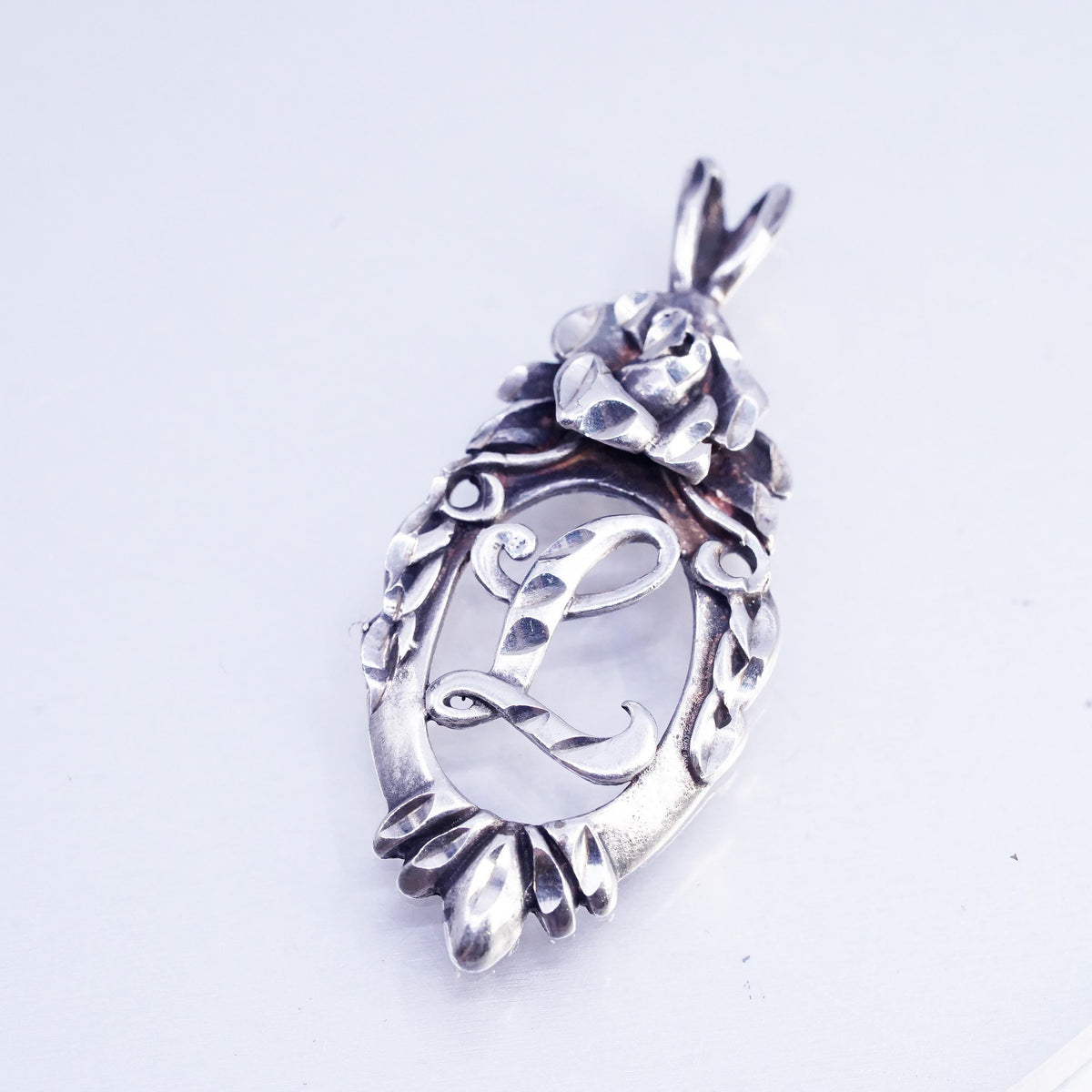 Vintage diamond cut sterling 925 silver letter L charm pendant with rose flower