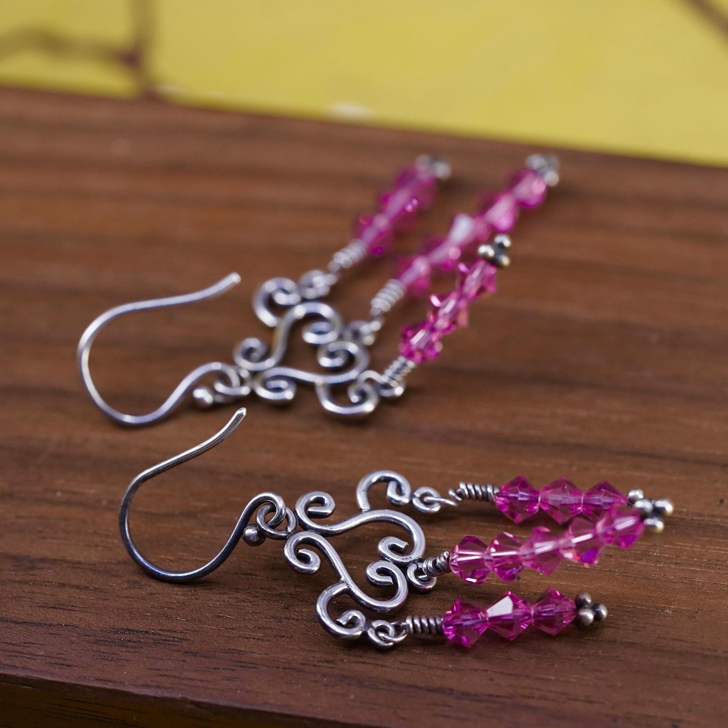 Vintage Sterling silver 925 handmade swirly earrings with pink crystal