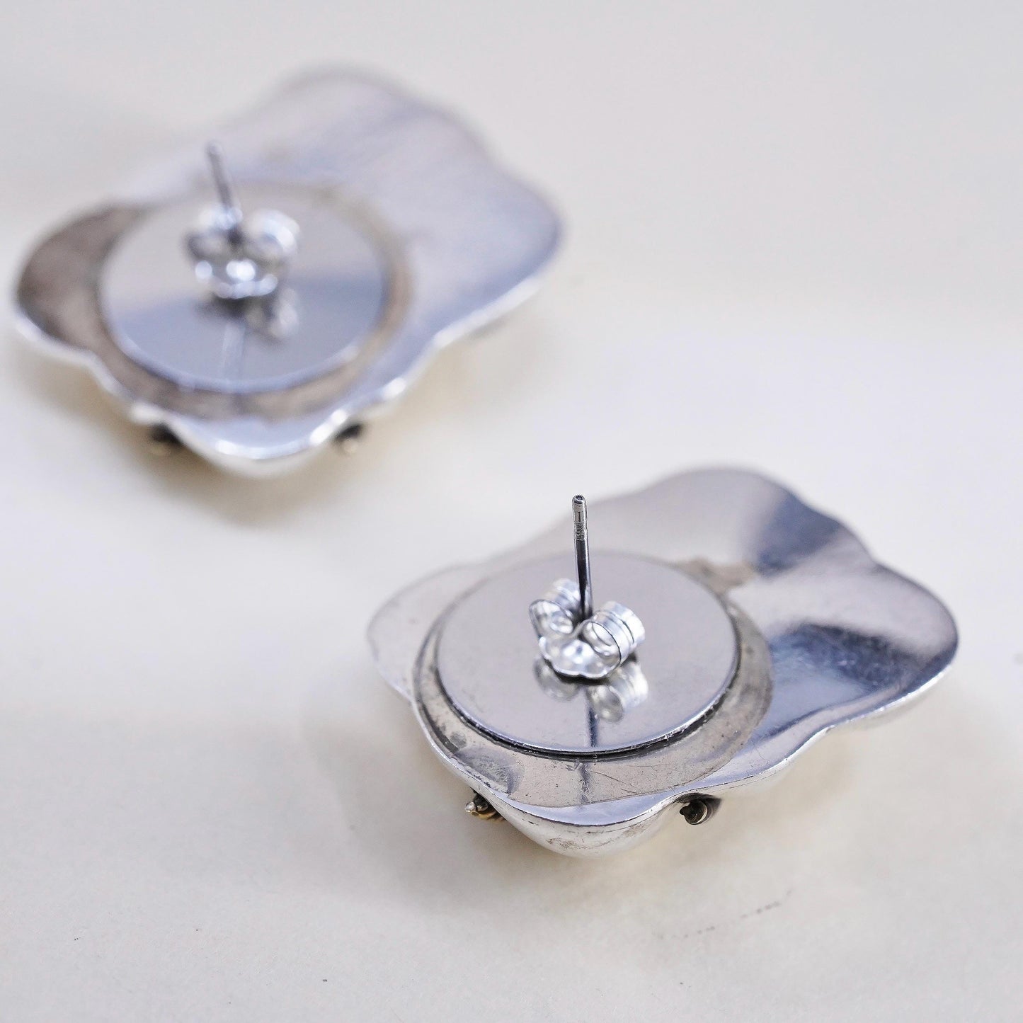 Vintage two tone Sterling silver earrings, Mexican 925 silver huge dome studs