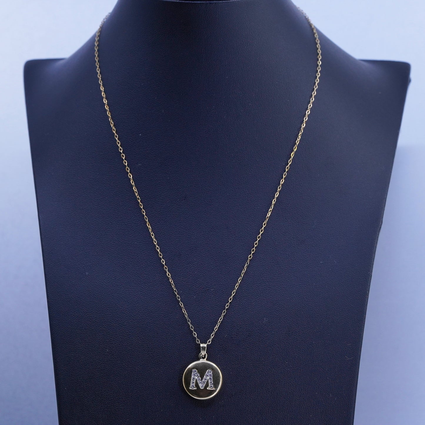 18”, vermeil gold over Sterling 925 silver circle necklace letter M pendant cz